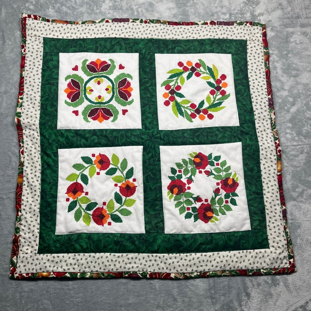Handmade Quilted Table Cover Christmas 27x27 Green Gold Glitter Cross Stitch